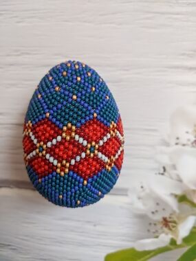 Beaded Decorative Egg Ornament in Blue, Red, Gold